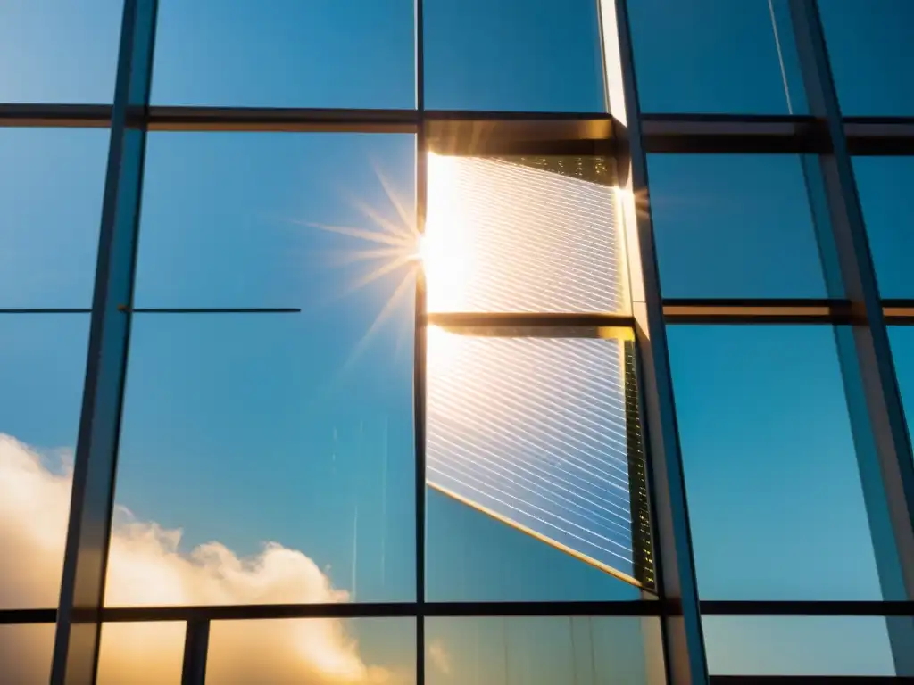 Una impresionante integración de panel solar transparente en un edificio moderno, con nanotecnología visible