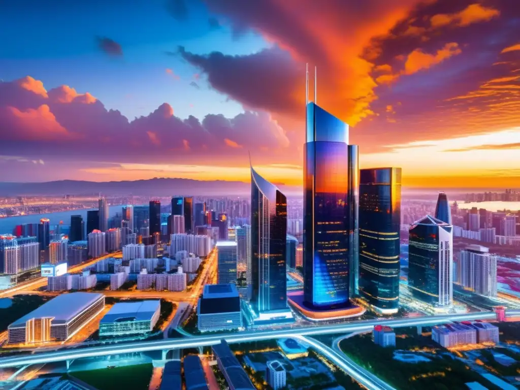 Impresionante skyline urbano con rascacielos futuristas y tecnología avanzada de IA en gestión de desastres, bajo un atardecer vibrante