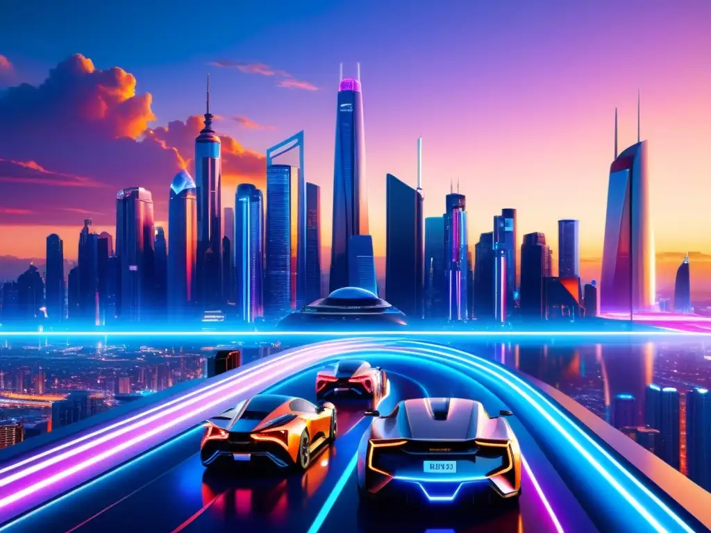 Horizonte futurista: ciudad 8k ultradetallada y tecnológicamente avanzada Increíble ciudad futurista con rascacielos iluminados, transporte de alta velocidad y un atardecer tecnológico impactante