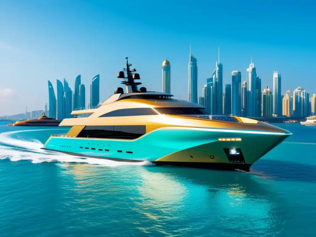 Buque naval futurista: Innovación en aguas turquesa Transformación de la industria naval con tecnología 5G: un buque futurista navega en aguas turquesas, reflejando el sol dorado