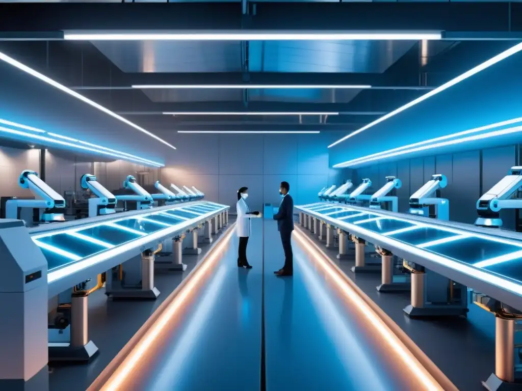 Instalación industrial futurista con integración perfecta de algoritmos de IA y trabajadores humanos, iluminada por un suave resplandor azul