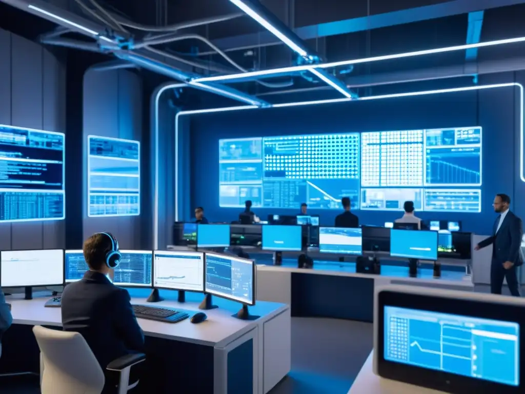 Instalación industrial del futuro: Convergencia digital y ciberseguridad Instalación industrial futurista con tecnología digital y profesionales vigilando operaciones
