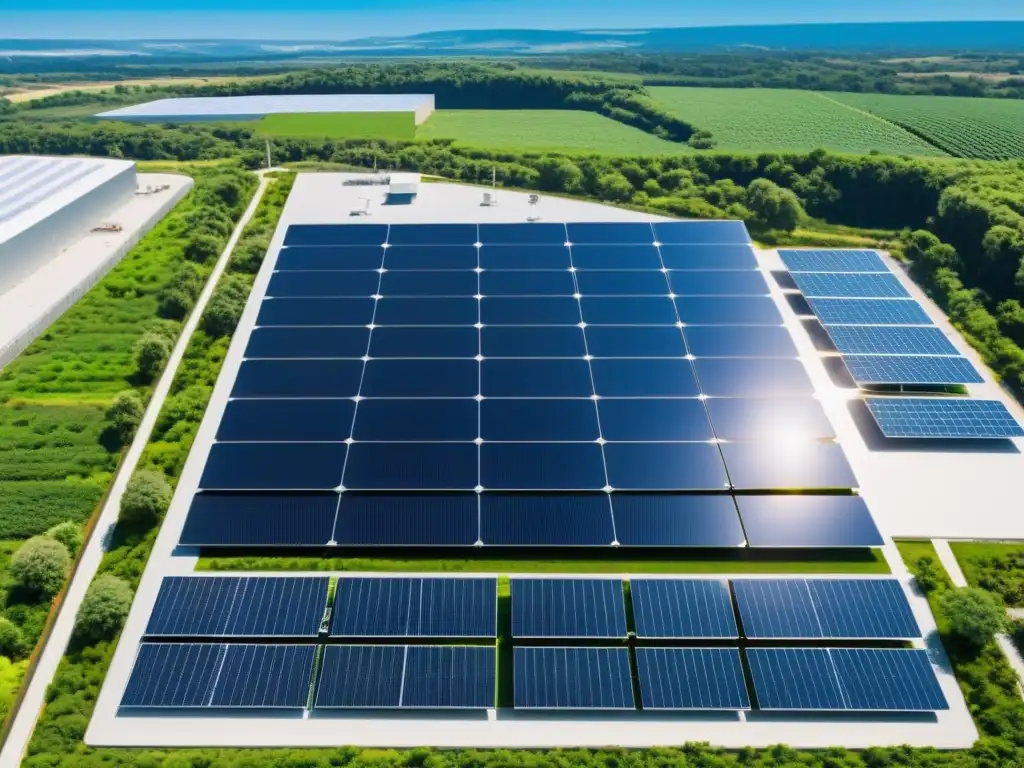 Instalación industrial moderna con paneles solares en el techo, rodeada de vegetación exuberante y cielos azules