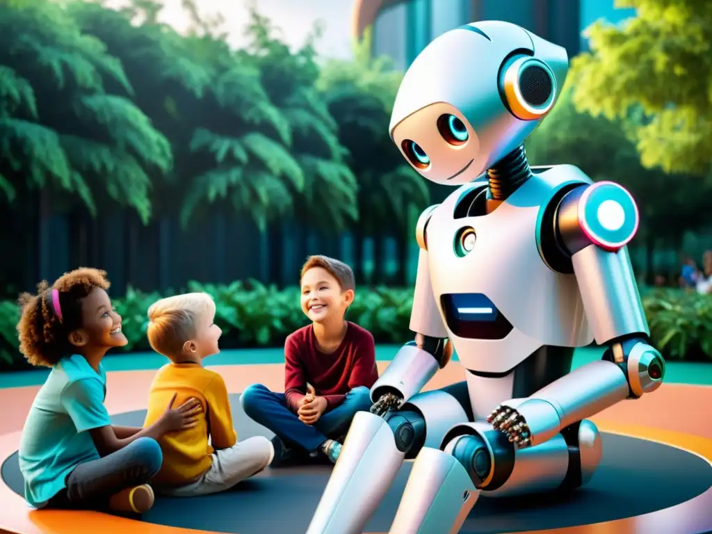 Interacción humanorobot en la infancia: Niños disfrutan de conversaciones animadas con un amigable robot en un parque futurista vibrante