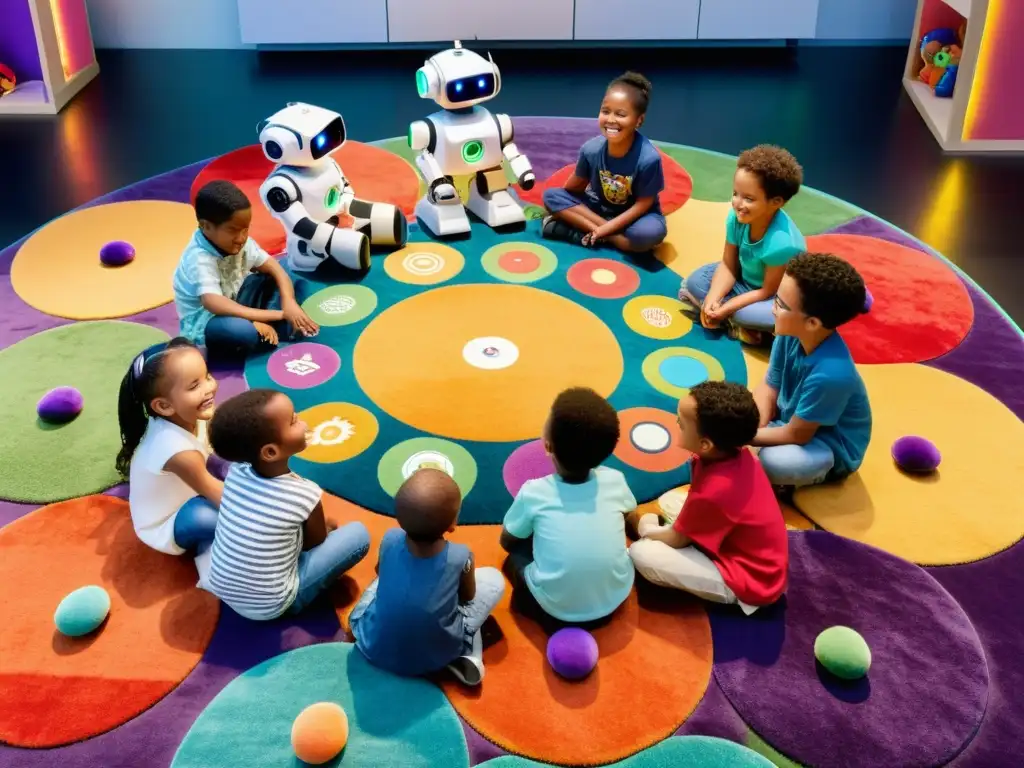 Interacción humanorobot en la infancia: Niños felices interactuando con robots en un ambiente cálido y futurista