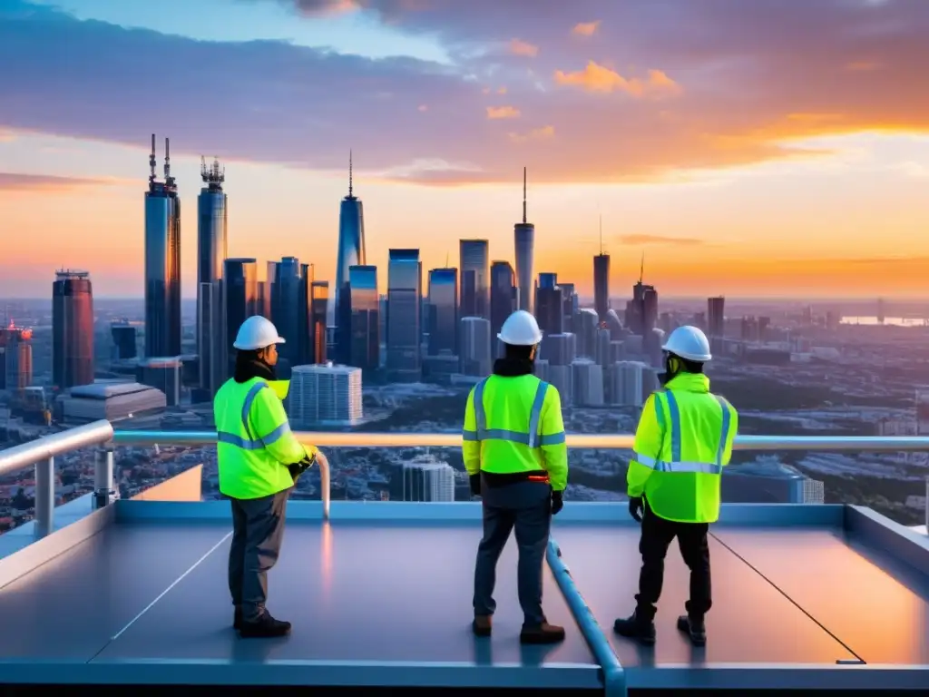 Ingenieros instalando antenas 5G en la azotea al atardecer, desafíos tecnológicos en inversión y rentabilidad