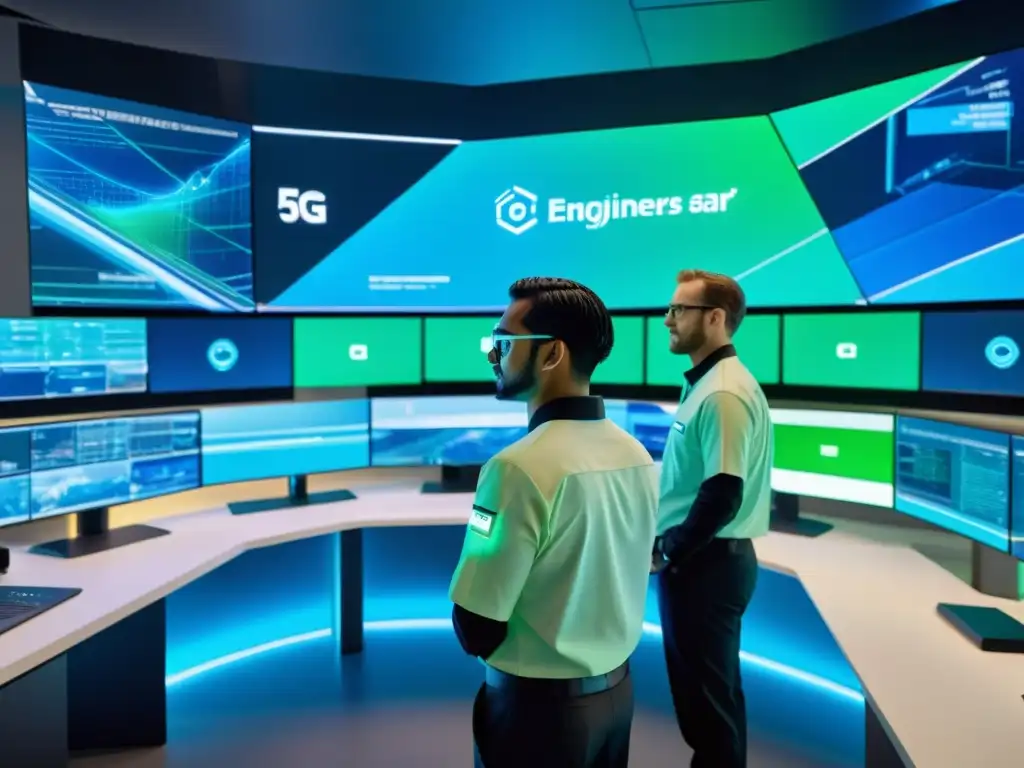 Ingenieros colaborando en centro de operaciones 5G, monitorean seguridad en infraestructura 5G con tecnología futurista y pantallas holográficas