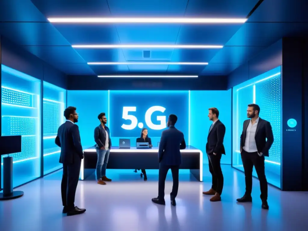 Ingenieros colaboran en un laboratorio futurista con equipo 5G