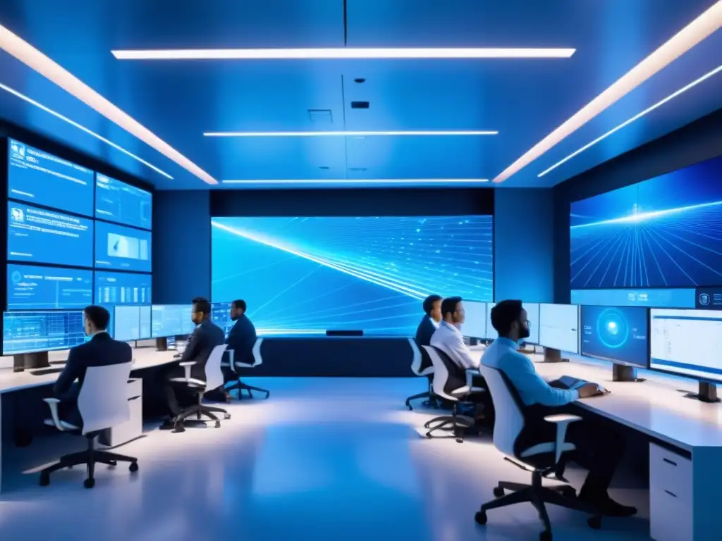 Ingenieros desarrollando tecnología 5G en laboratorio de vanguardia Ingenieros en laboratorio tecnológico 5G, enfrentando desafíos 5G tecnologías emergentes en ambiente futurista azul