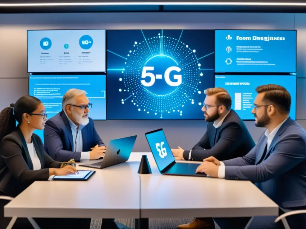 Ingenieros de todo el mundo colaboran en seguridad redes tecnología 5G en una oficina futurista con avanzada tecnología