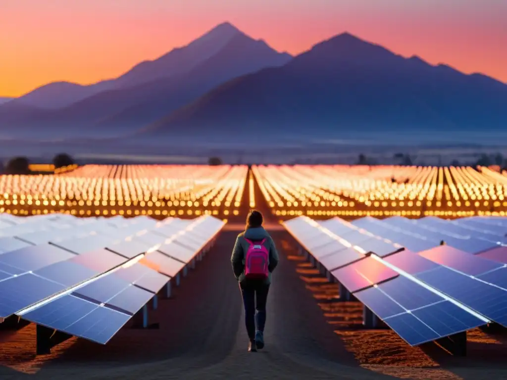 Un inmenso campo de paneles solares con el sol poniéndose detrás de las montañas