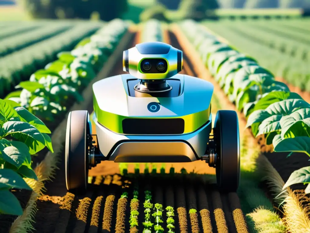 Innovaciones en agricultura de precisión: Robot agrícola futurista navegando entre cultivos ordenados bajo el brillante sol