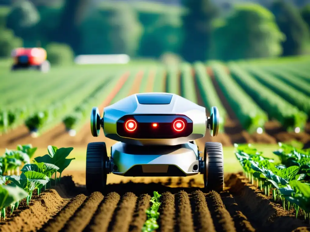 Innovaciones en agricultura de precisión: un robot agrícola moderno y futurista trabaja en un campo exuberante, fusionando innovación y naturaleza