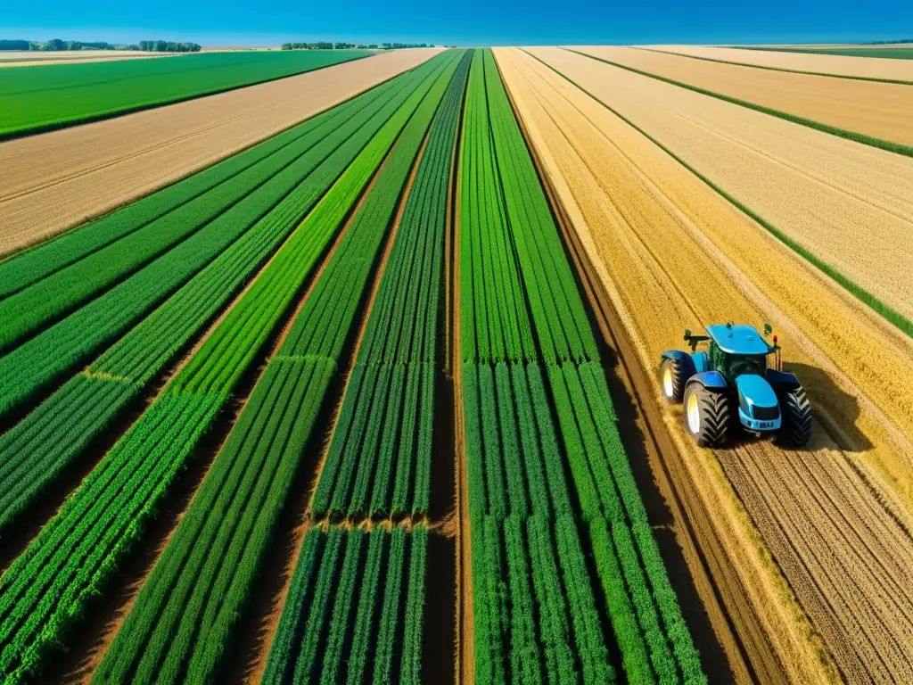 Innovaciones en agricultura de precisión: Campo agrícola moderno con maquinaria robótica y cultivos exuberantes bajo cielo azul despejado