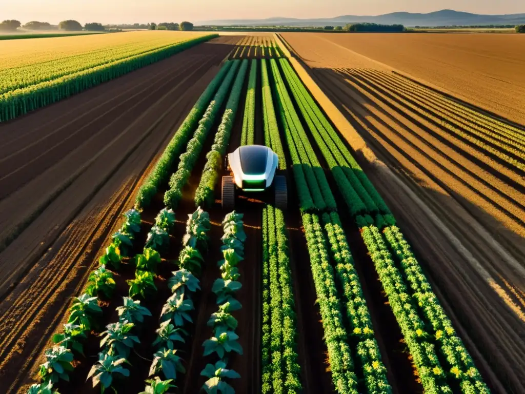 Innovaciones en agricultura de precisión: Futuro agrícola con robots y cosecha al atardecer