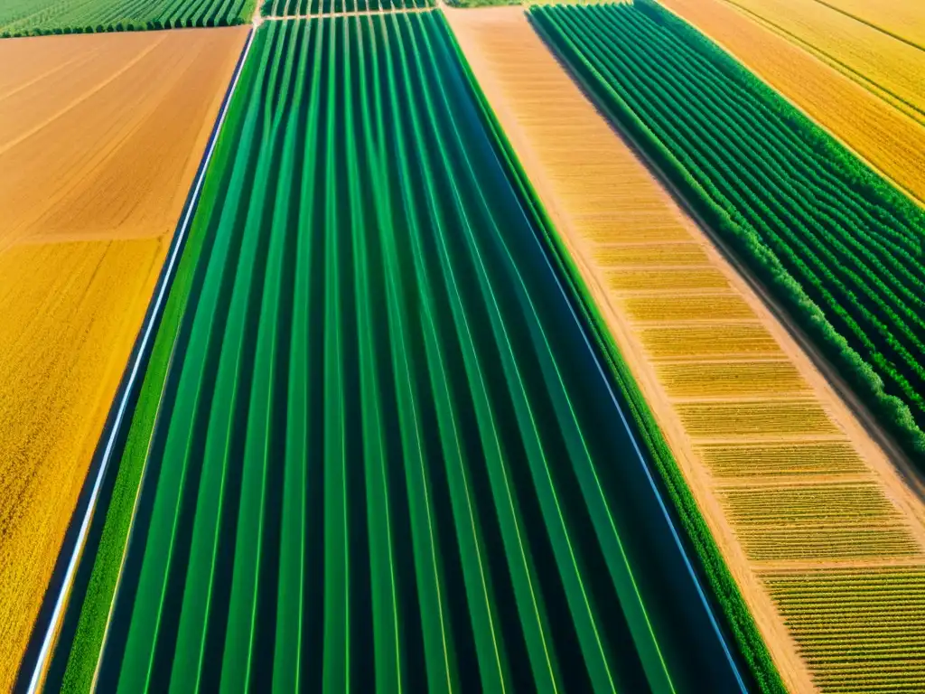 Innovaciones del IoT en agricultura: Campo futurista con tecnología integrada, cultivos monitoreados por sistemas automatizados bajo luz dorada