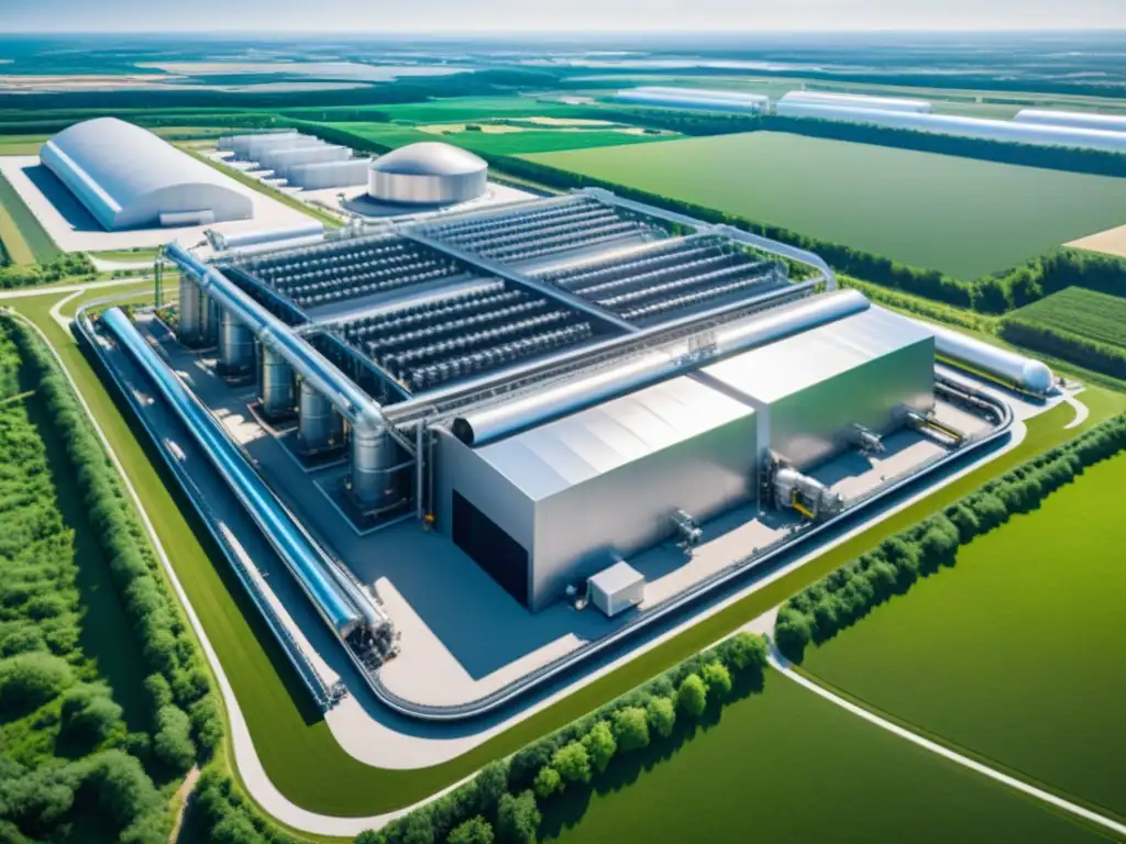 Innovaciones captura almacenamiento CO2: Vista aérea de una futurista instalación de captura y almacenamiento de carbono con tecnología avanzada y estructuras metálicas, en un paisaje verde vibrante