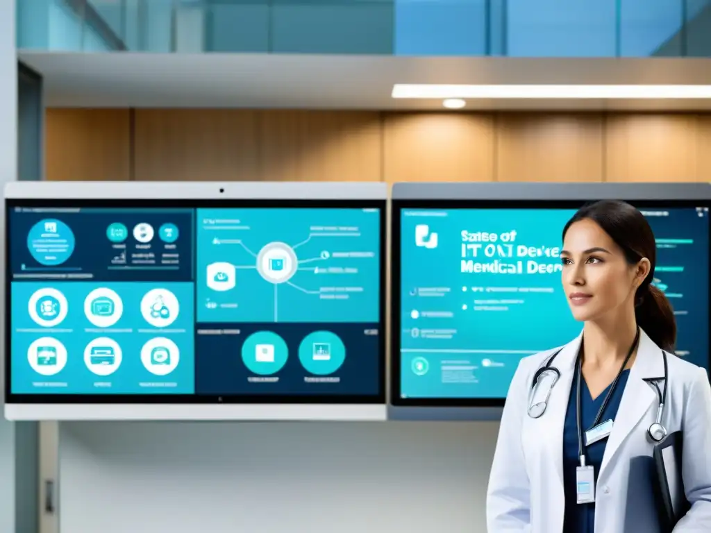 Innovaciones IoT atención médica eficiente: Red de dispositivos médicos interconectados en un hospital moderno, mostrando monitoreo de pacientes y gestión de recursos con tecnología de vanguardia