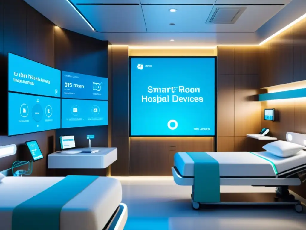 Innovaciones IoT para atención médica eficiente: Sala de hospital moderna con dispositivos inteligentes y diseño futurista