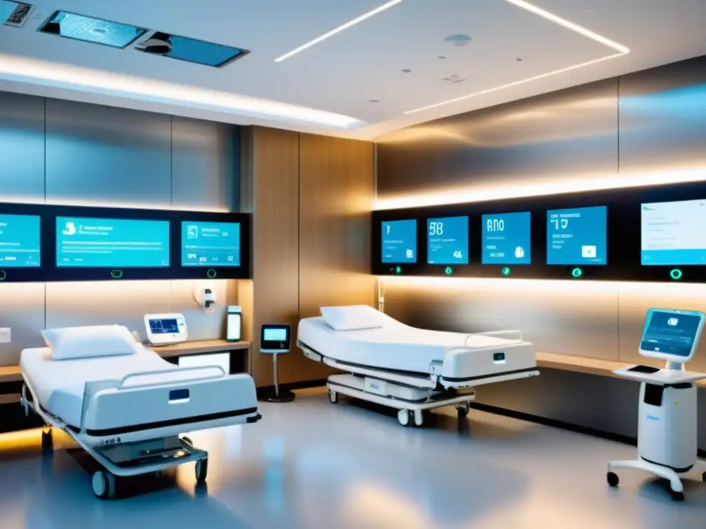 Innovaciones IoT atención médica eficiente: Sala hospitalaria moderna con dispositivos médicos integrados, camas inteligentes y asistentes robóticos