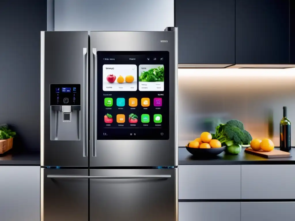 Innovaciones gadgets IoT para uso diario: un refrigerador inteligente futurista integrado en una cocina moderna, con pantalla táctil y funciones IoT