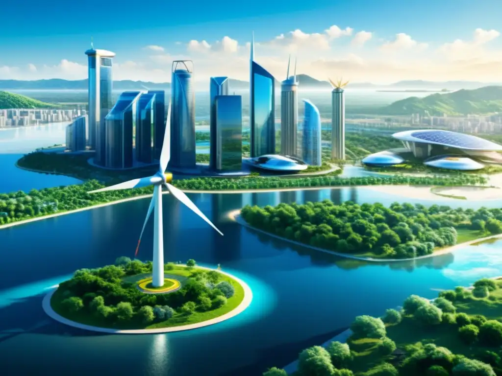 Innovaciones tecnología limpia sostenible: Futurista ciudad con rascacielos sostenibles, energía renovable y paisaje natural