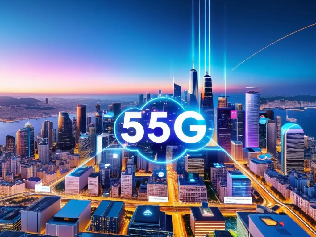 Innovaciones en redes sociales 5G: Ciudad nocturna vibrante con tecnología 5G y redes sociales proyectadas en edificios futuristas