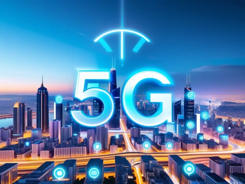 Innovaciones en redes sociales 5G: una ciudad futurista de noche con torres 5G y hologramas de redes sociales, irradiando innovación y conectividad