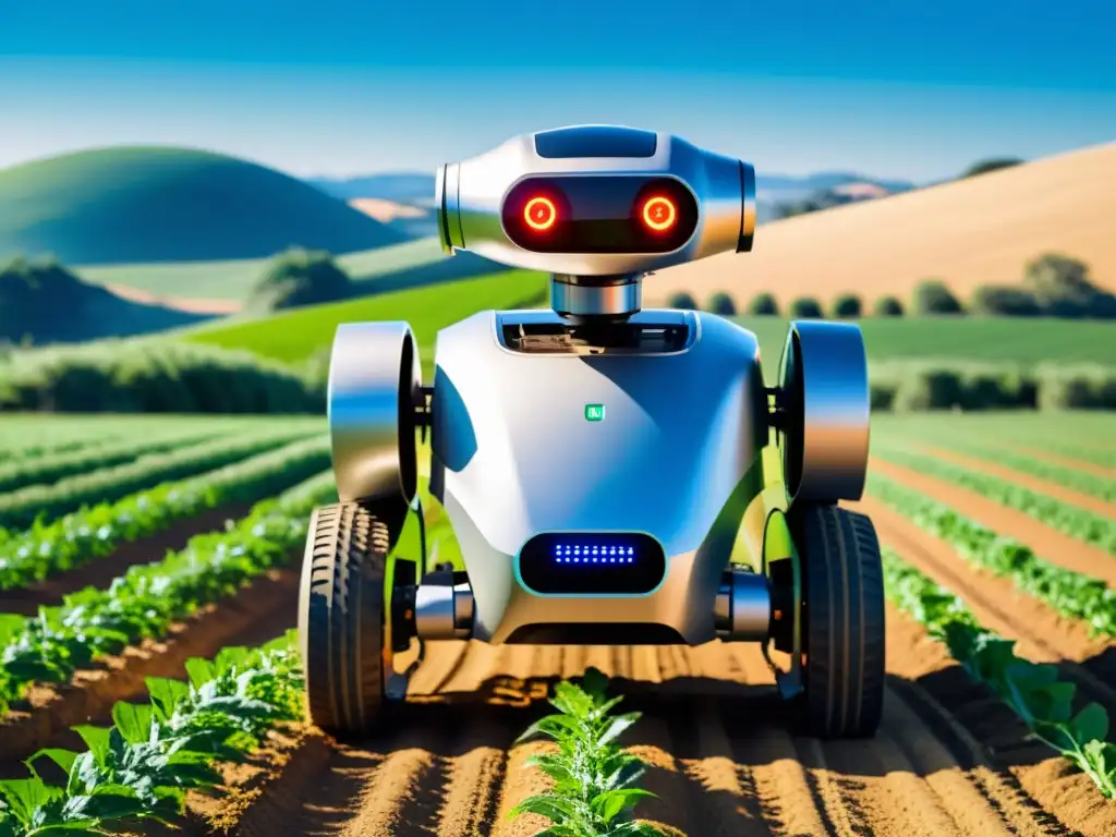 Innovaciones robóticas en agricultura: Un robot agrícola futurista trabaja en un campo soleado, rodeado de cultivos, colinas y cielo azul