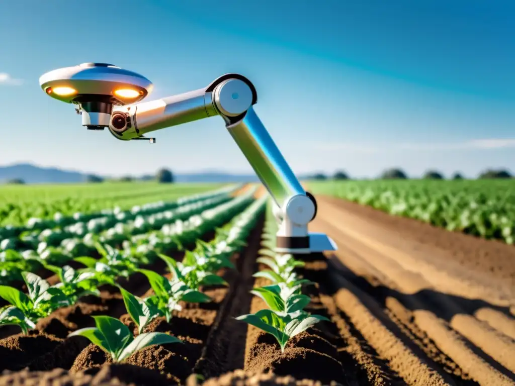 Innovaciones robóticas en agricultura: Brazo robótico futurista plantando semillas en campo soleado con drones y tractores autónomos en el fondo