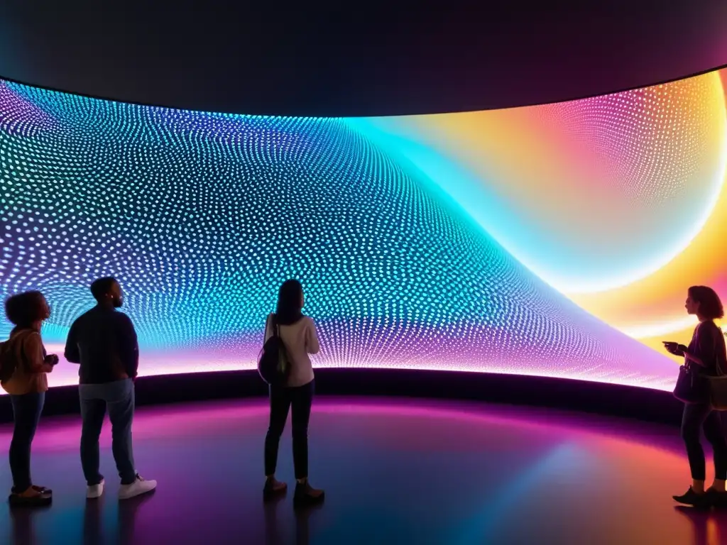 Innovaciones tecnológicas en el arte: Personas interactúan con pantalla LED curva, mostrando patrones abstractos