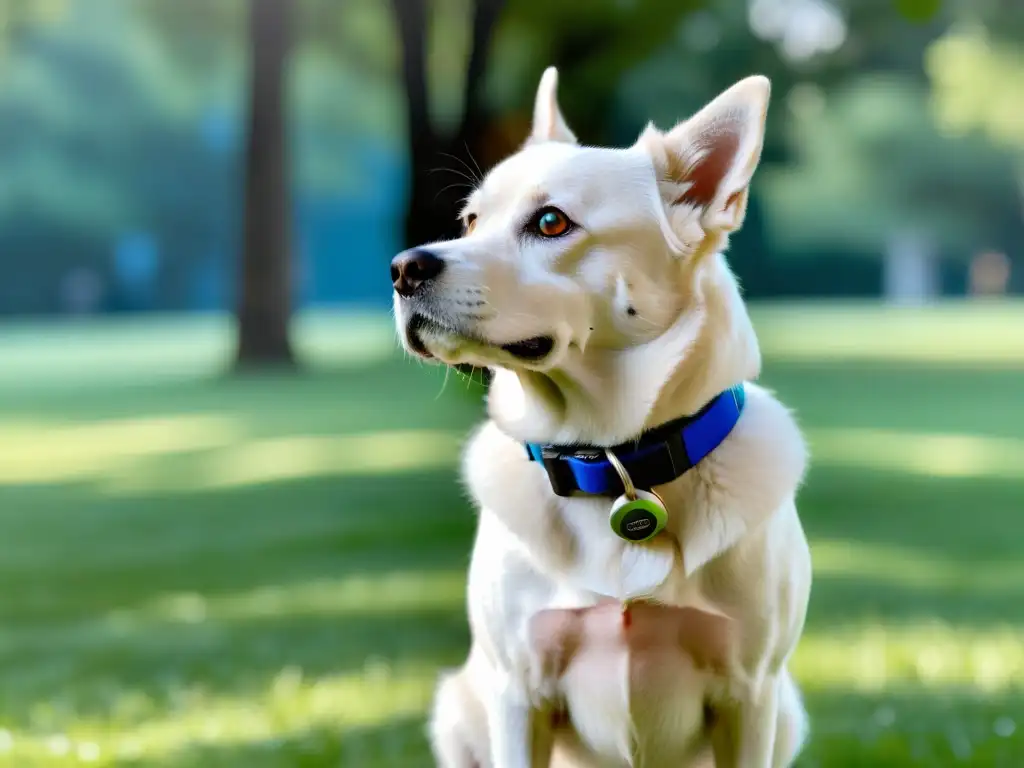 Innovaciones tecnológicas para el cuidado de mascotas: dispositivo GPS y monitor de actividad en un collar azul vibrante, en un perro blanco disfrutando al aire libre en un parque verde exuberante