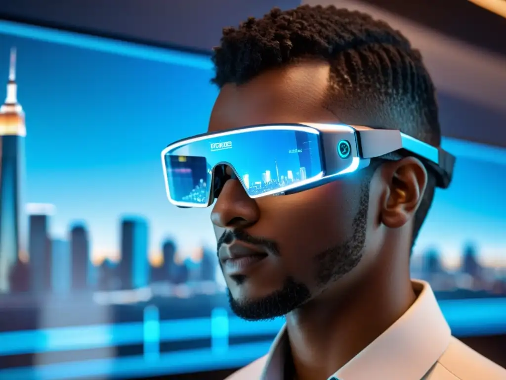 Innovaciones tecnológicas emergentes 2023: Un profesional usa gafas de realidad aumentada con visualizaciones holográficas de una ciudad futurista y datos en tiempo real, en un entorno tecnológico avanzado con código y esquemas complejos