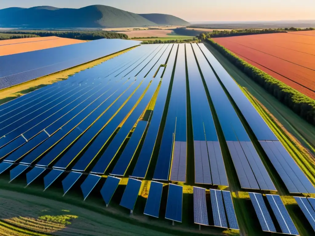 Innovaciones tecnológicas en energía renovable: Amanecer sobre una granja solar con paneles solares en filas, reflejando el cielo vibrante mientras el sol ilumina la infraestructura de energía renovable