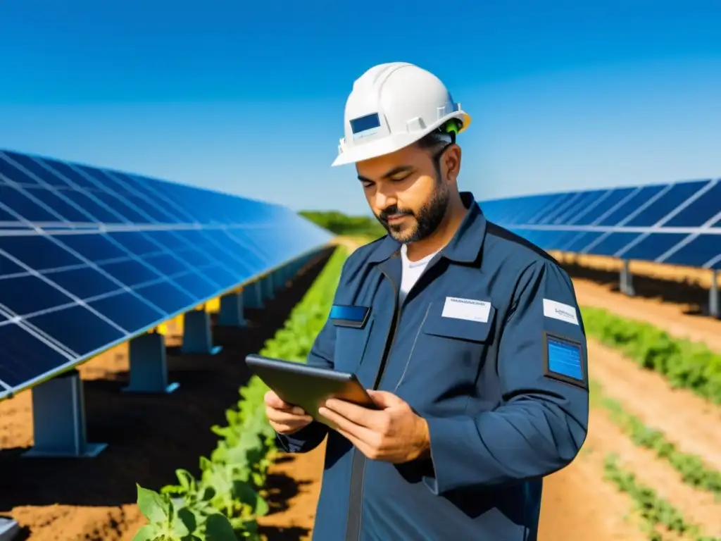 Innovaciones tecnológicas en energía renovable: un técnico ajusta paneles solares en una granja solar bajo un cielo azul brillante