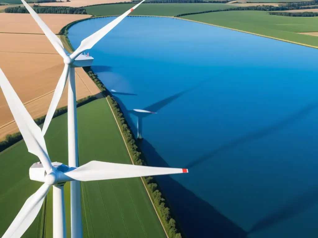 Innovaciones tecnológicas en energía renovable: Parque eólico moderno con turbinas blancas en un cielo azul vibrante, proyectando sombras largas en campos verdes