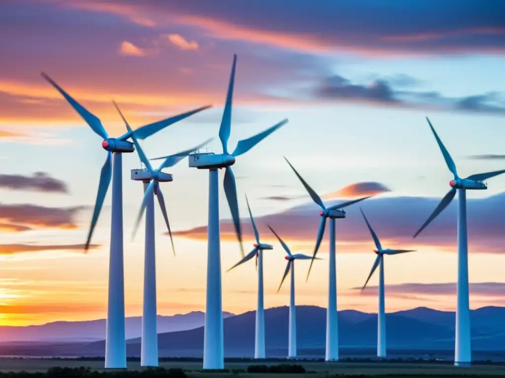 Innovaciones en turbinas de viento: Granja eólica al atardecer, con turbinas ultramodernas y eficientes en nítido detalle