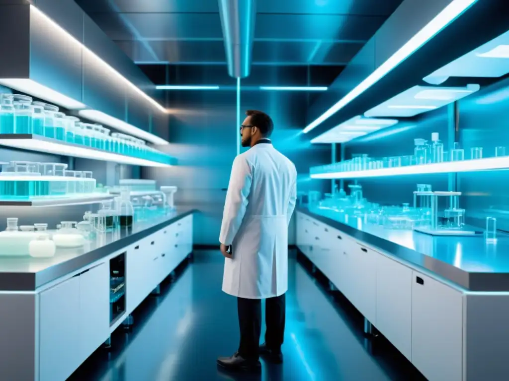 Innovadora ingeniería de proteínas para farmacología en un laboratorio futurista con científicos y equipos modernos brillantes