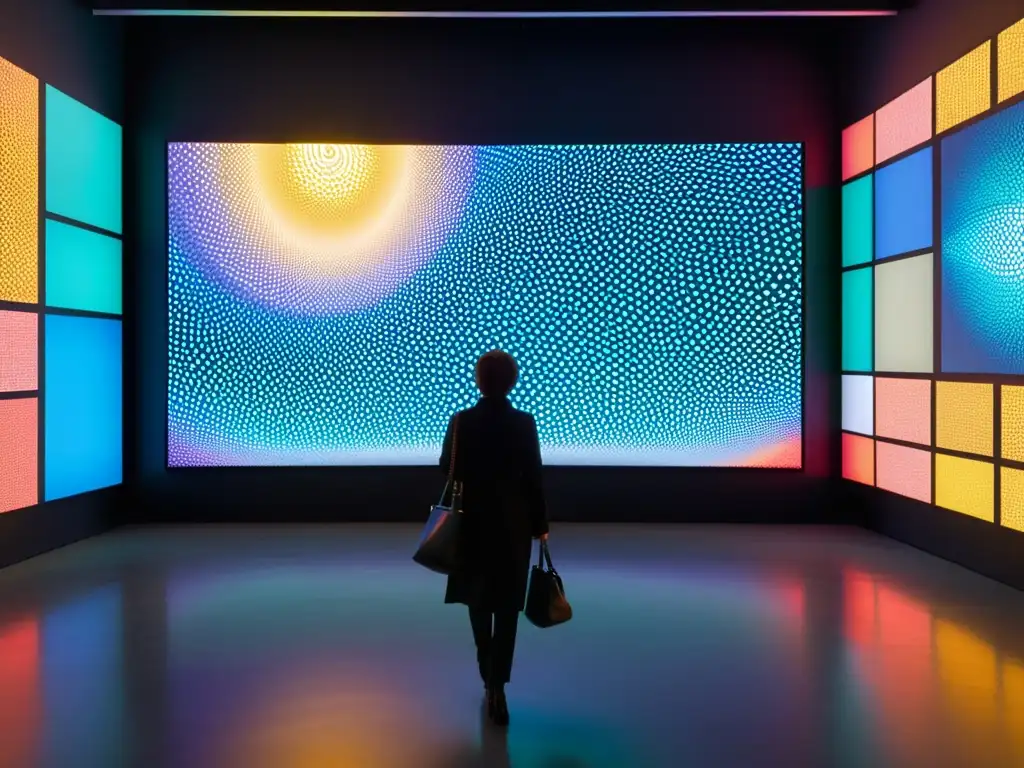 Una instalación de arte contemporáneo que fusiona tecnología y arte con pantallas LED dinámicas, esculturas y pinturas vibrantes