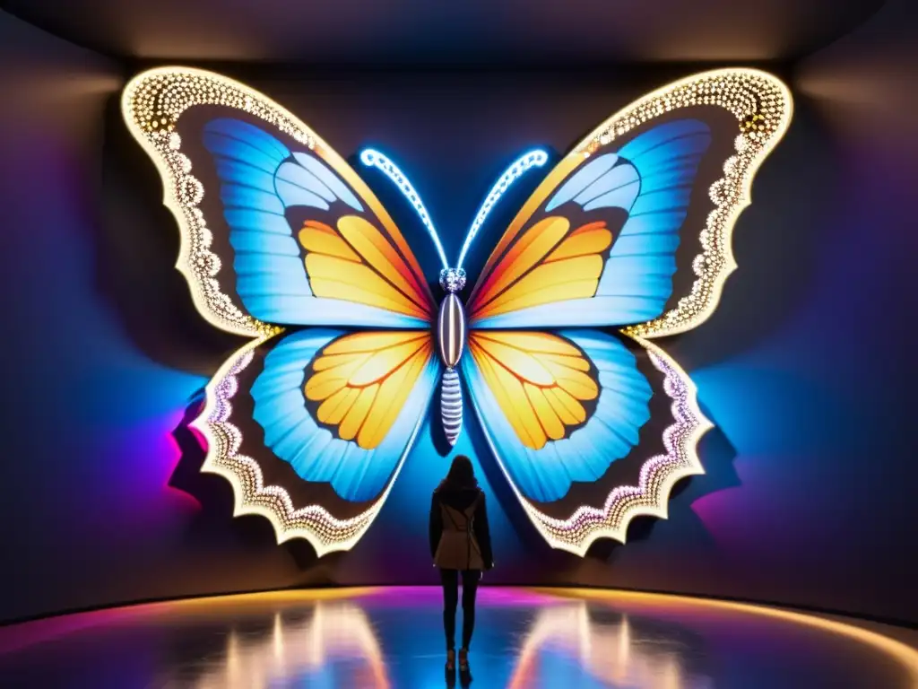 Una instalación de arte digital que muestra una mariposa gigante hecha de patrones y colores vibrantes, en un entorno futurista iluminado por luz