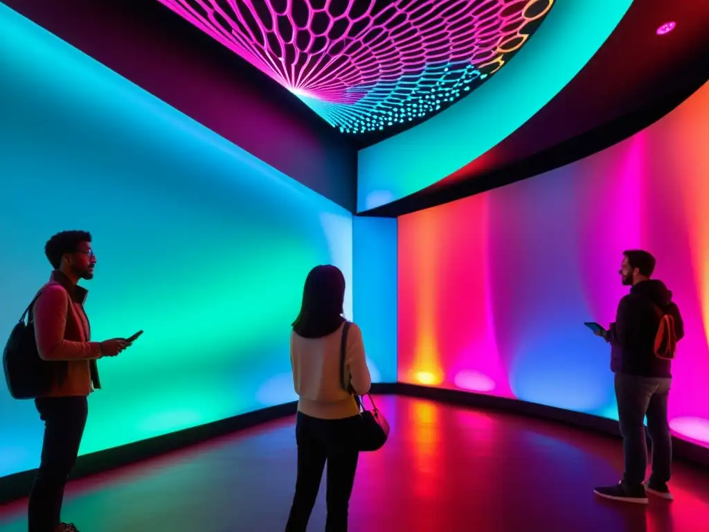 Instalación de arte futurista con esculturas de luz interactivas y proyecciones sonoras inmersivas