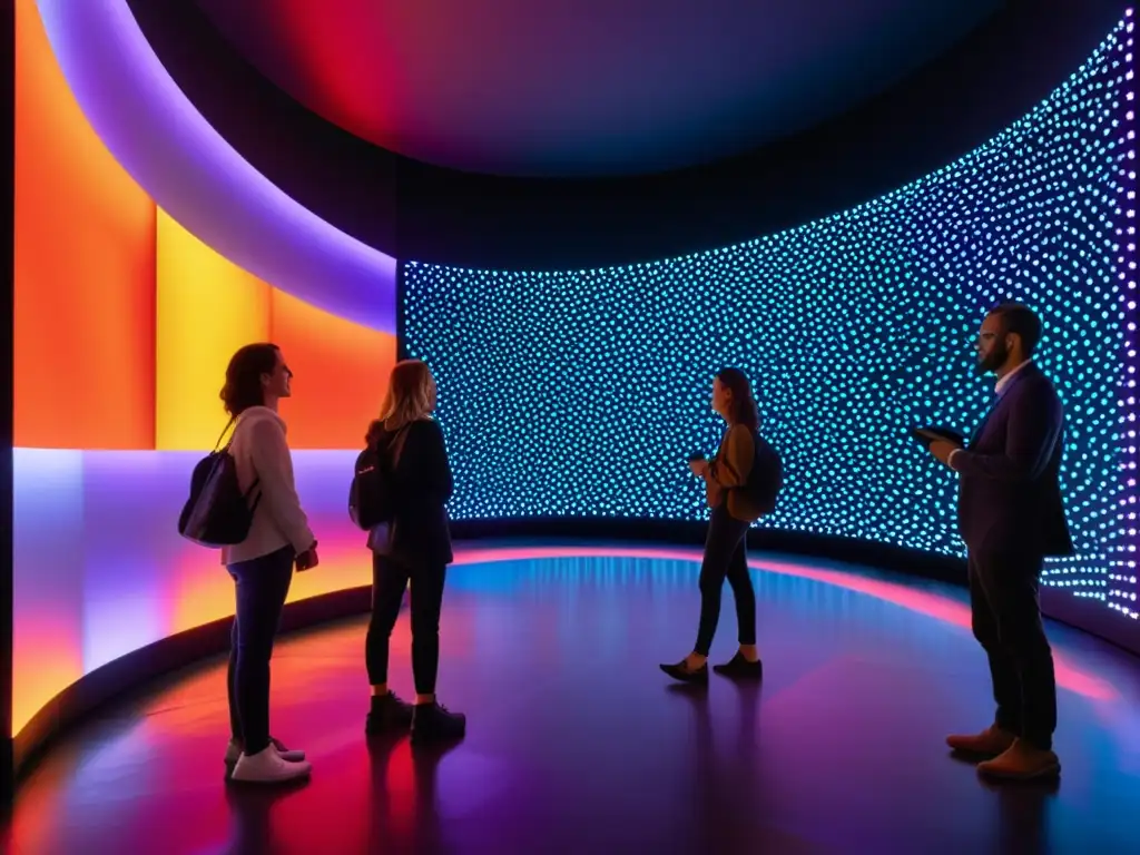 Instalación de arte interactiva con paneles LED brillantes, formas coloridas y gente interactuando, fusionando IoT en la expresión creativa
