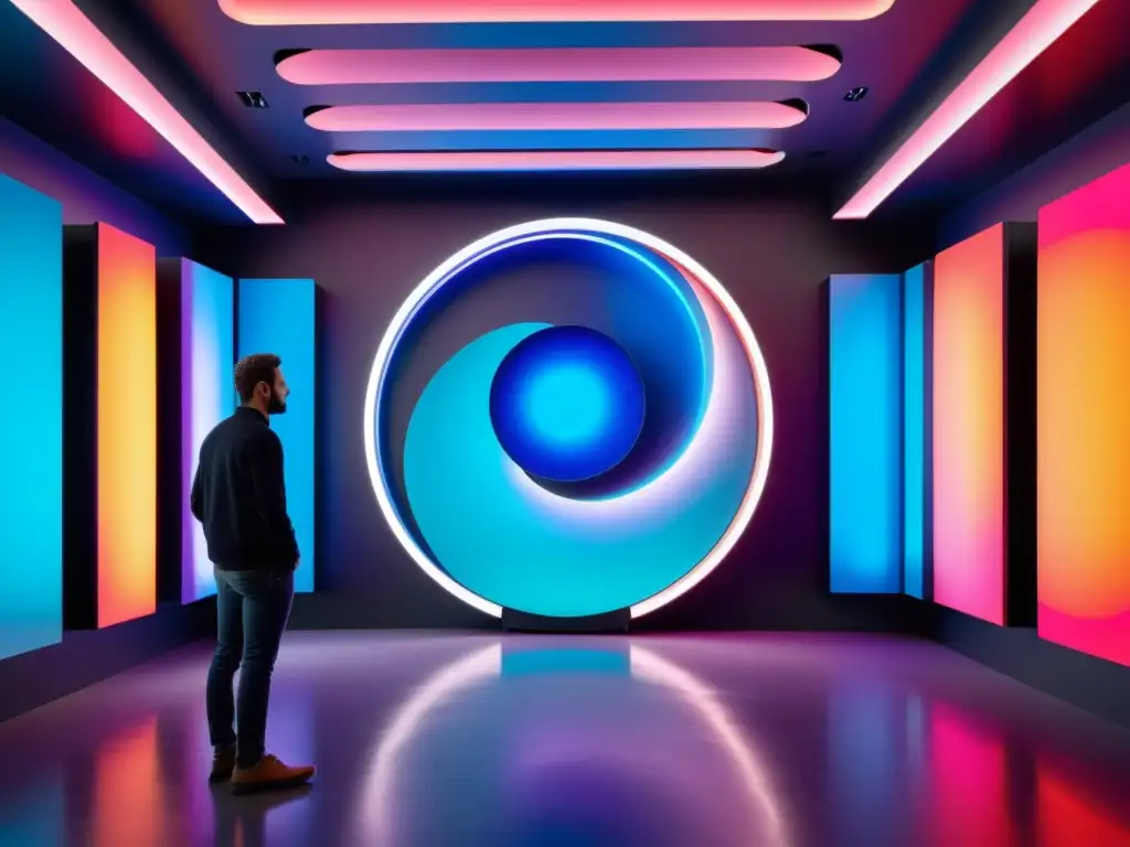 Una instalación artística futurista con IoT en la expresión creativa, fusionando elementos tradicionales con innovación tecnológica