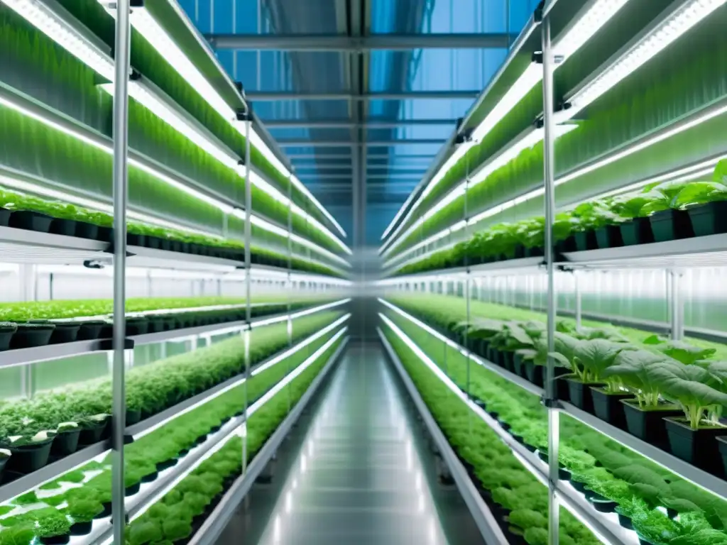 Una instalación de cultivo vertical tecnología agropecuaria sostenible con diseño moderno y plantas exuberantes bajo luces LED especializadas