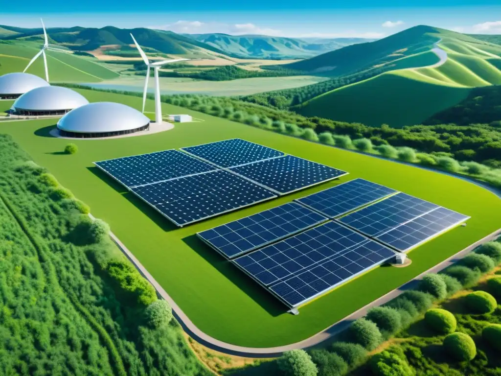 Instalación de hidrógeno verde: promesa sostenible Instalación de hidrógeno verde con electrolizadores relucientes, paneles solares y turbinas eólicas, en un paisaje verde y cielo azul brillante, ilustrando los beneficios y desafíos del hidrógeno verde
