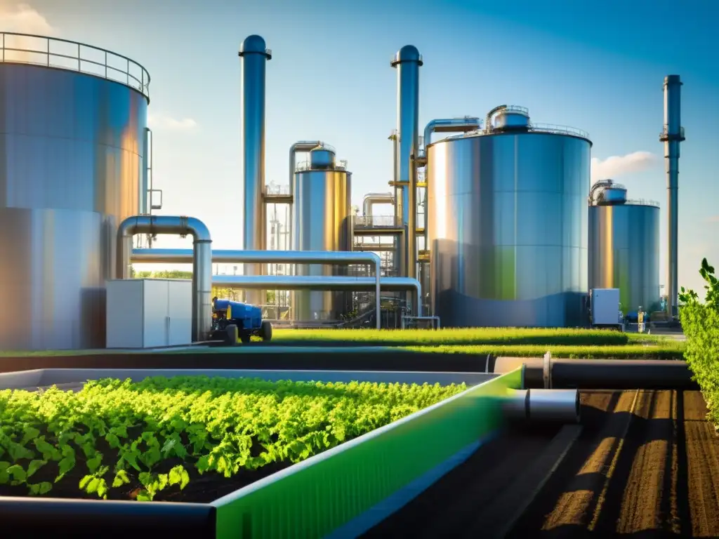 Instalación de biorefinería moderna con equipo metálico y vegetación vibrante al fondo, iluminada por cálida luz solar