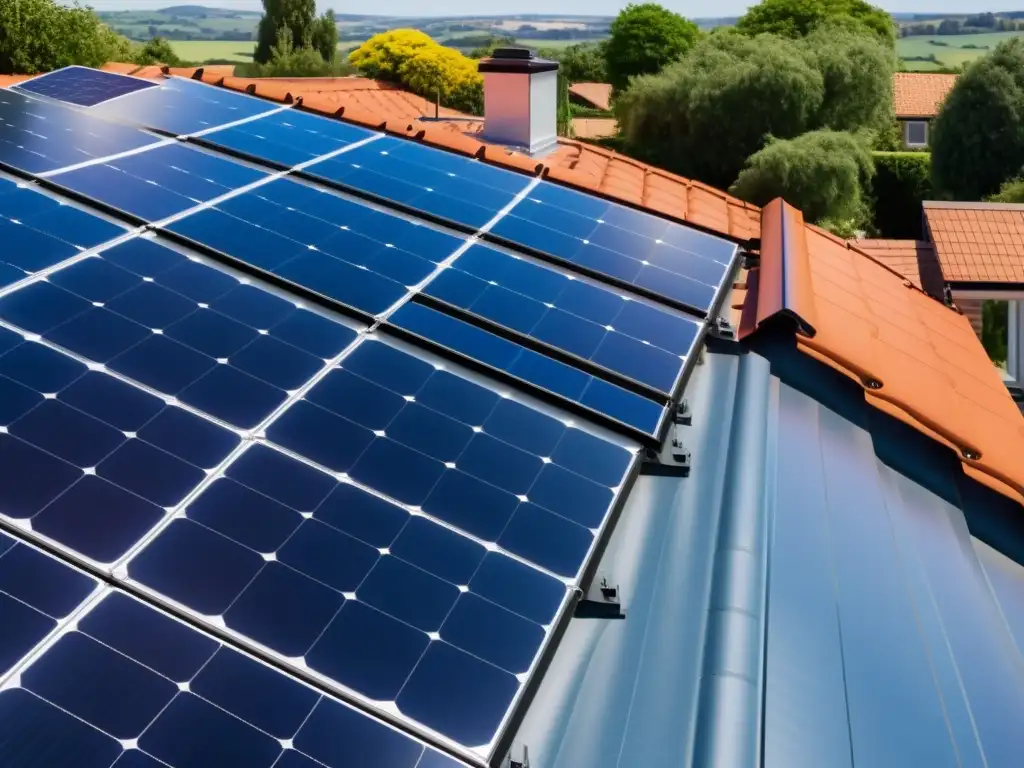 Una instalación moderna de paneles solares en el techo de una casa elegante y eficiente, transmitiendo el modelo económico de prosumidores de energía