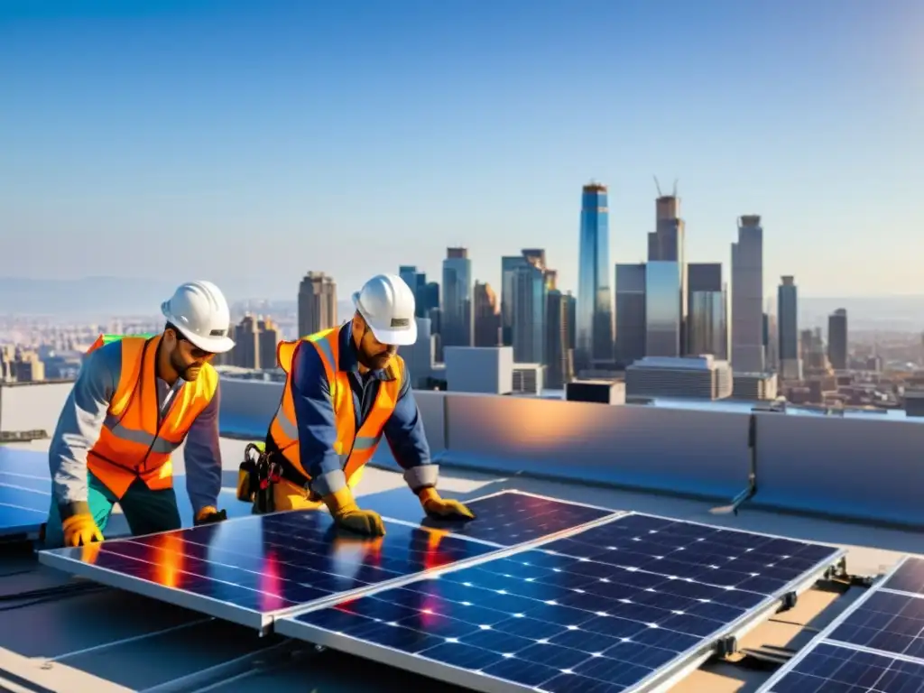 Instalación de paneles solares en la azotea con la ciudad de fondo