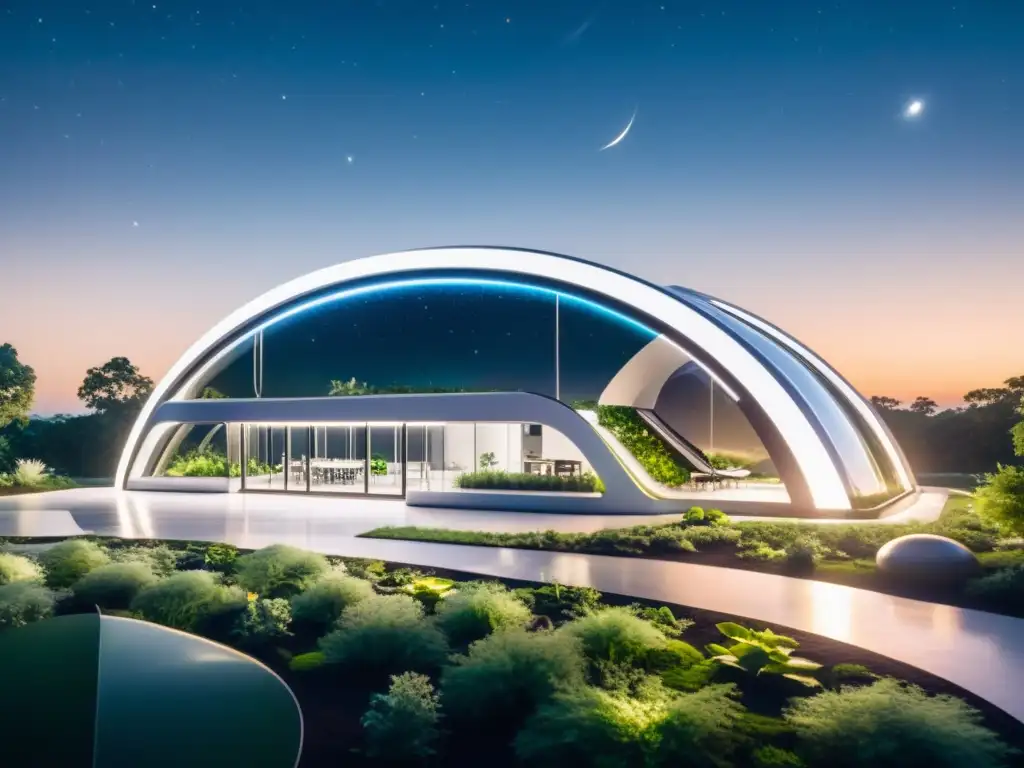 Instalación de startups tecnológicas para conquistar el espacio, rodeada de naturaleza y estrellas, con arquitectura futurista y naves espaciales