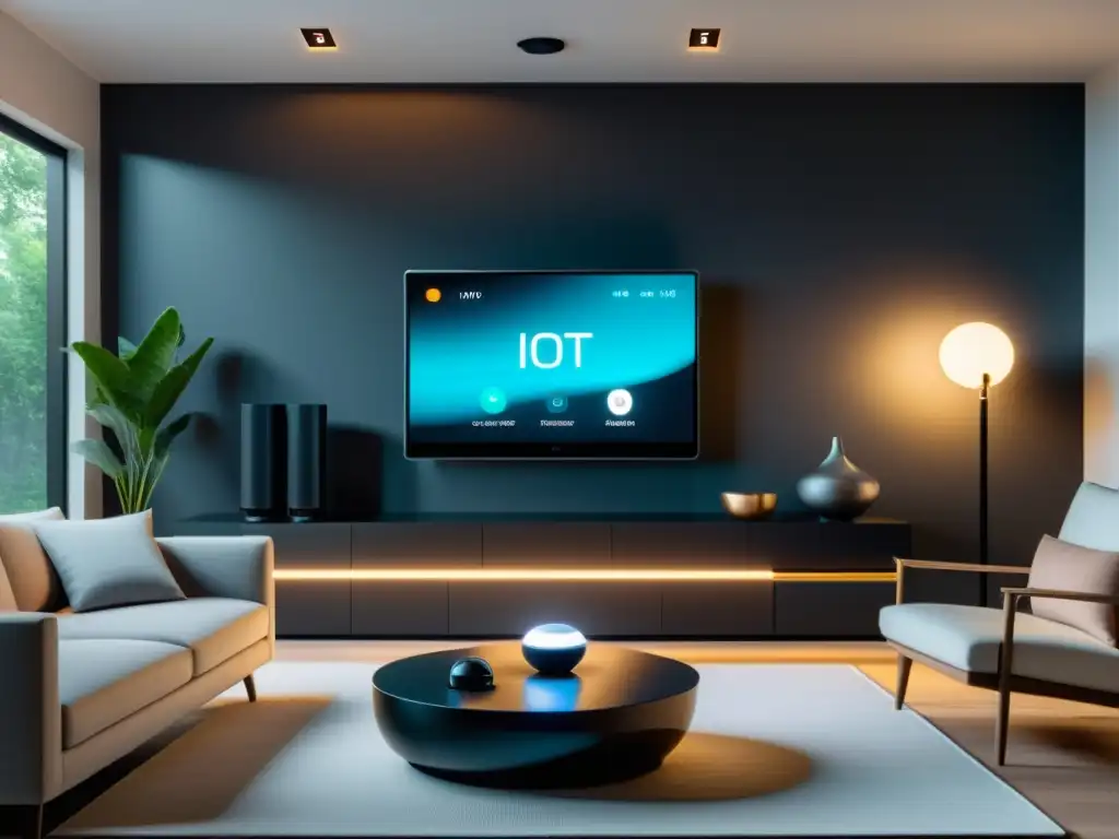 Integración de IoT en un hogar moderno con tendencias hightech y elegantes, mostrando gadgets inteligentes en acción